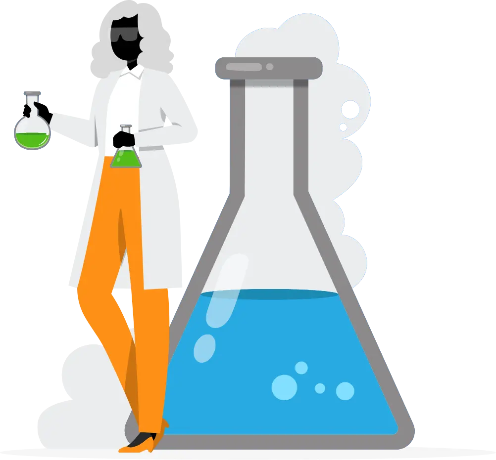 An illustration representing a woman holding test tubes with a large bottle filled with blue liquid behind her. The illustration represents laboratory equipment.